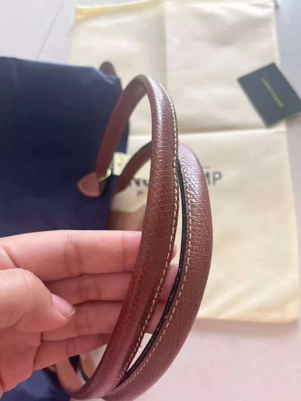 Longchamp Navy Blue Nylon Tote with Brown Leather Trim - Picture 9 of 10